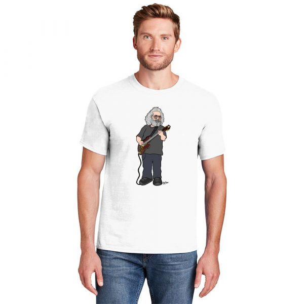 Jerry Garcia cartoon t-shirt by Greg Culver pictured in crew neck white