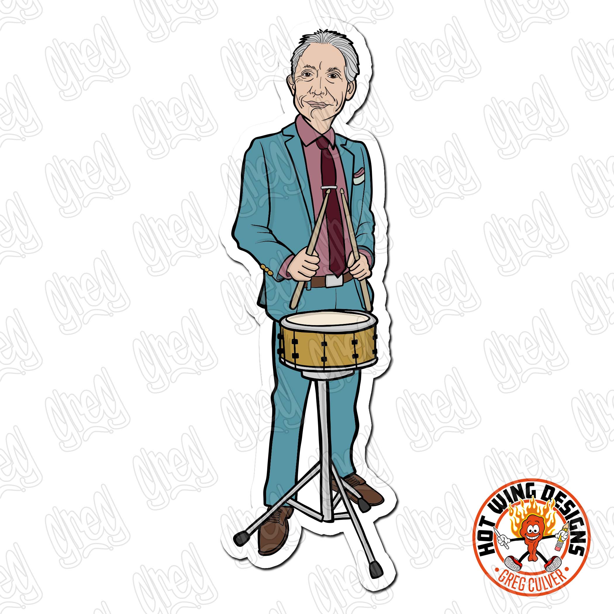 Charlie Watts cartoon by Greg Culver and Hot Wing Designs