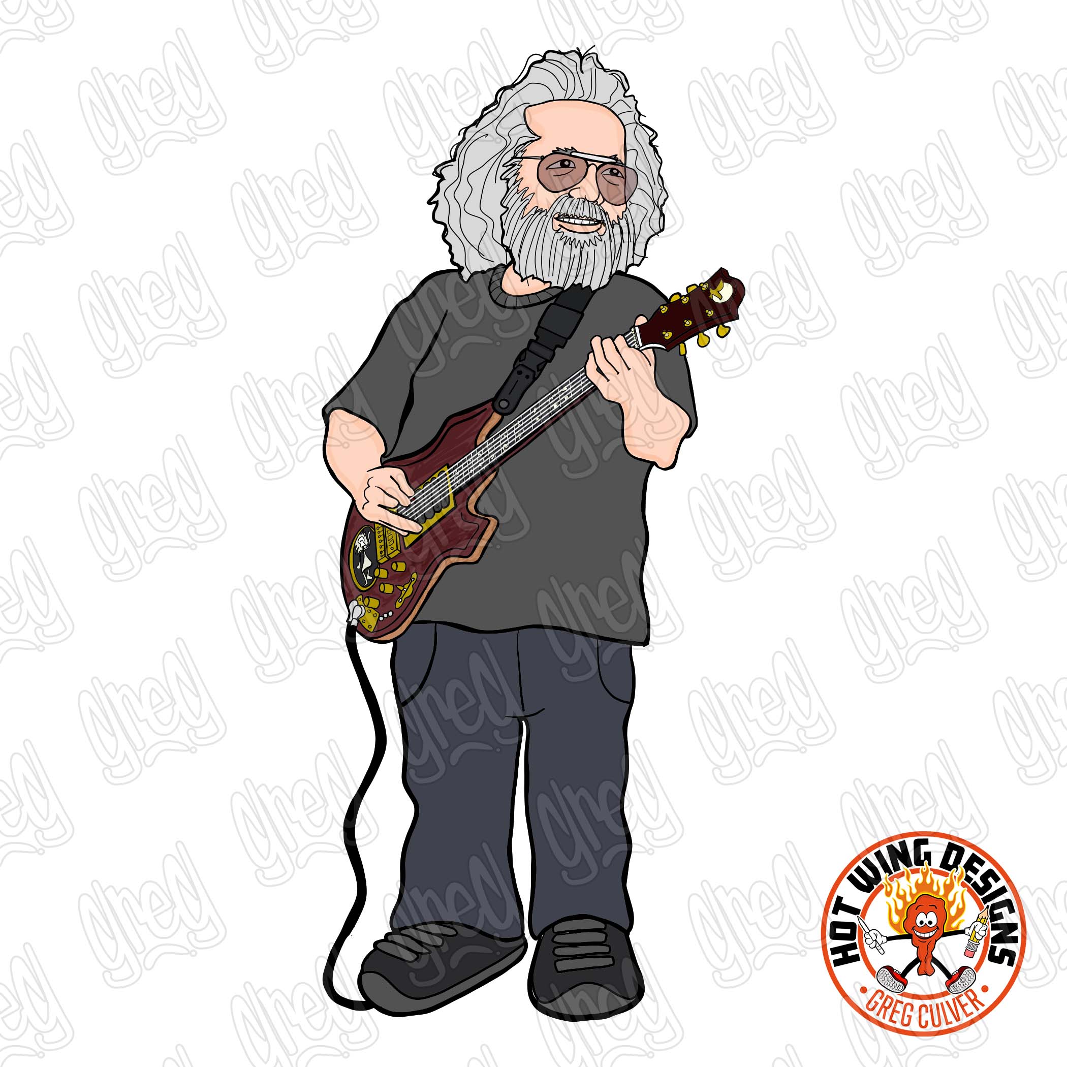 Jerry Garcia cartoon sticker by Greg Culver and Hot Wing Designs