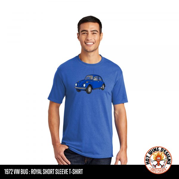 1972 Volkswagen Beetle T-shirt by Hot Wing Designs. Shown in Royal Blue