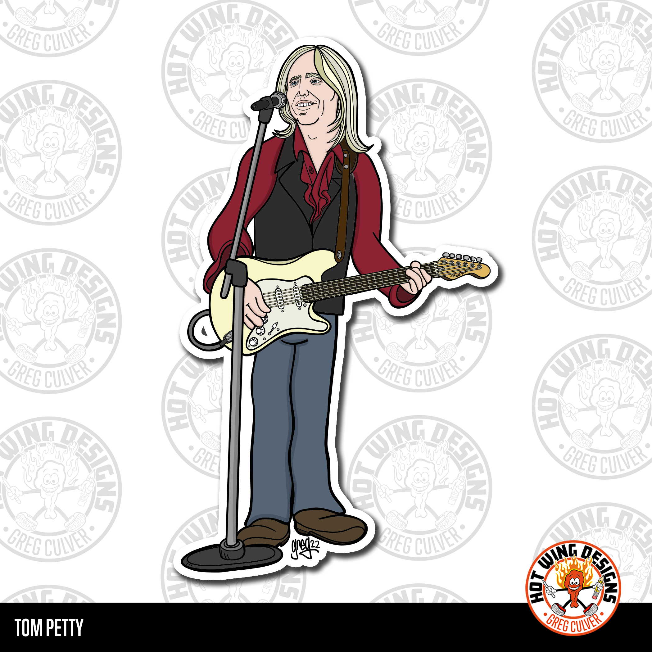Tom Petty cartoon sticker by Greg Culver and Hot Wing Designs