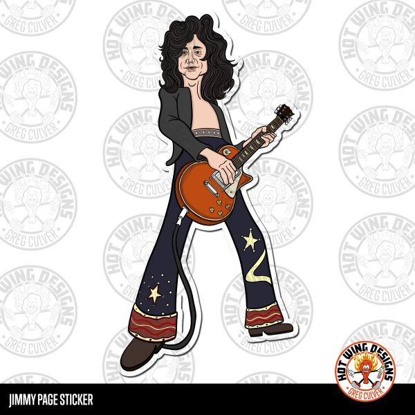 Jimmy Page cartoon sticker by Greg Culver and Hot Wing Designs